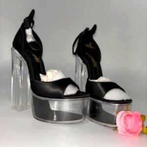 Black satin clear block heels